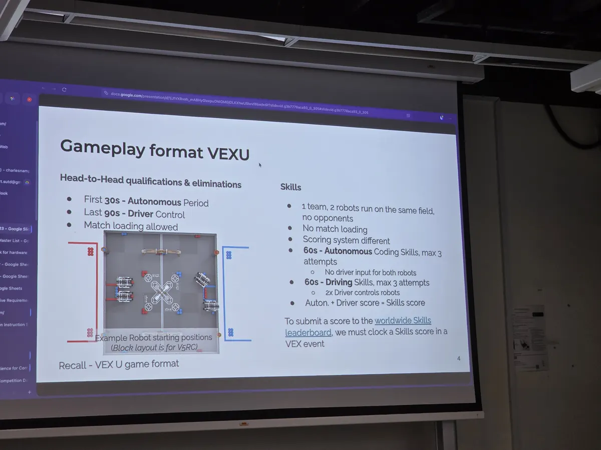 Briefing slide setting out the VEX U gameplay format: autonomous period, driver control and skills runs
