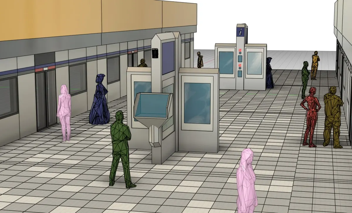 CAD render of the station platform with SeenScreen display units and figures