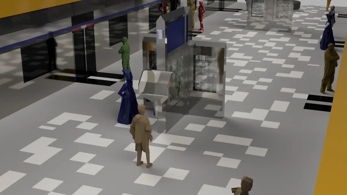 Rendered view of the platform with passengers and the display in place