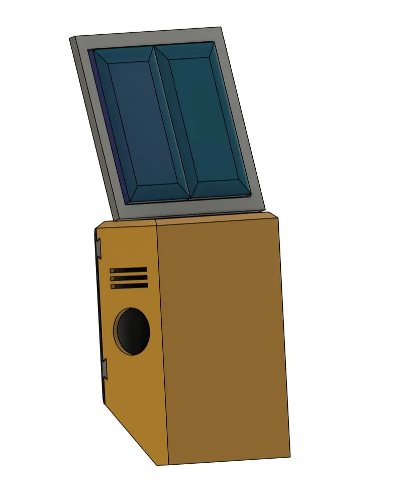 CAD render of the doorbell showing the angled solar panel, side vents and speaker grille